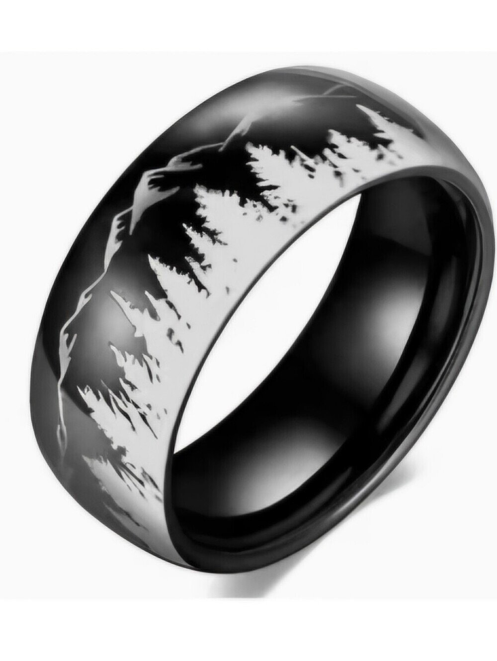 NEW Unisex Black Stainless Steel Wedding Band With Moutain Scene
